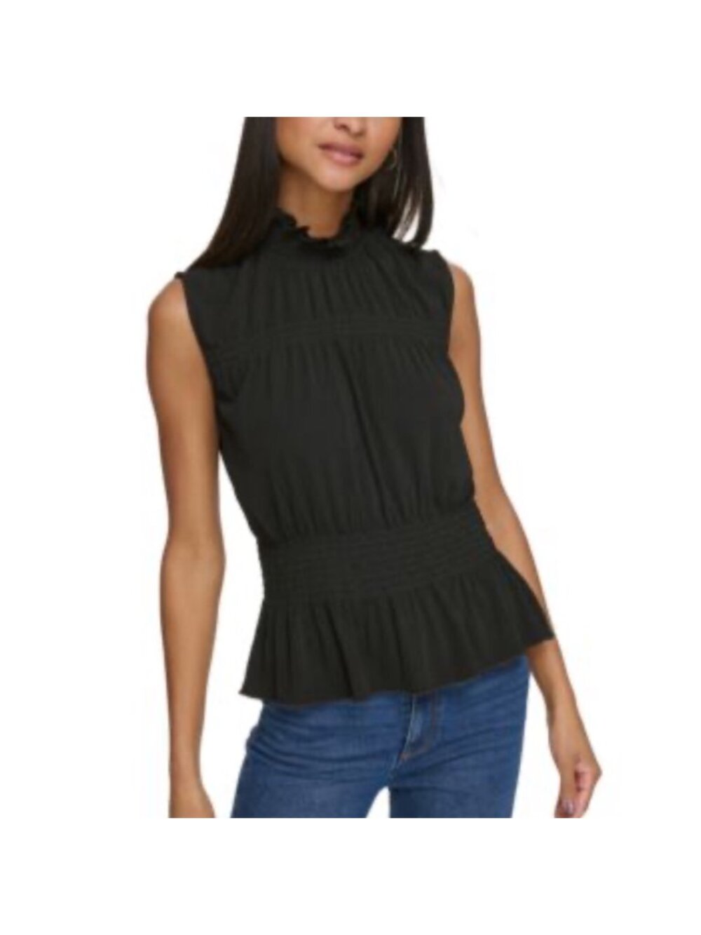 Karl Lagerfeld Paris Blouse Small Black Smocked Peplum Ruffle Parisian Blouse